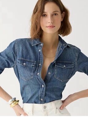 J.Crew Western Denim Button-Up Shirt Size 2P Petite 100% Cotton Classic Blue